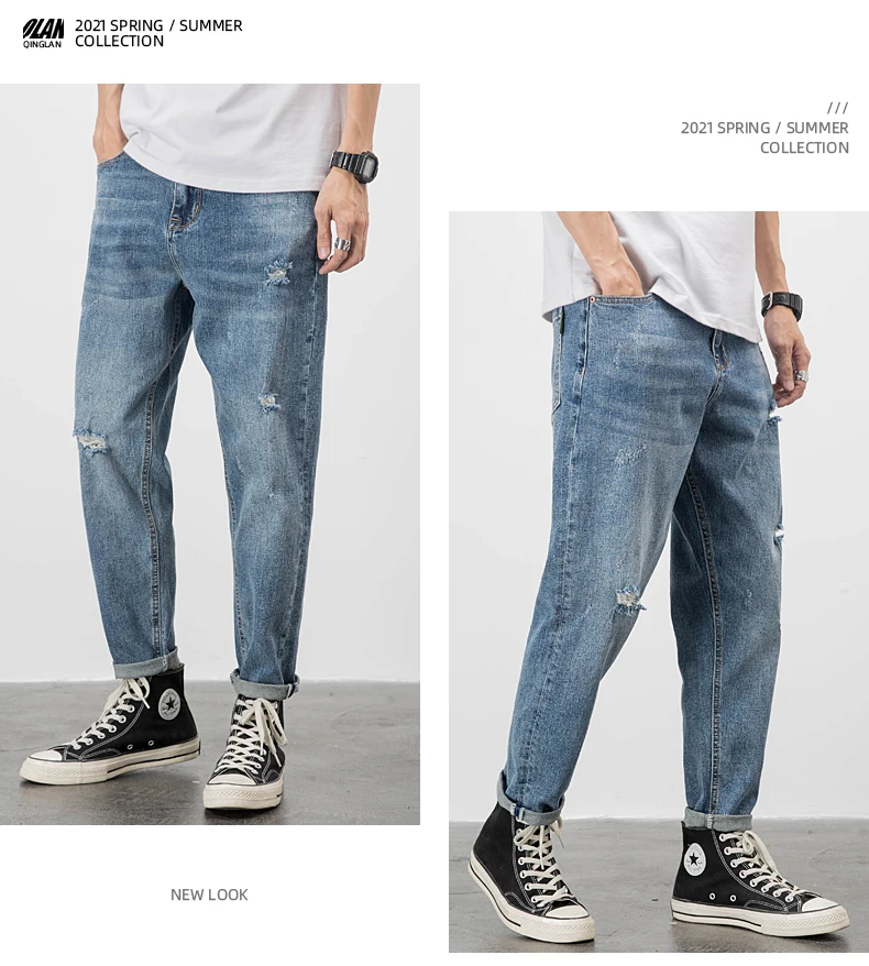 

2024 New Light Blue Washed Men's Slim Jeans Knee Rip Hole Spring Autumn Luxury Clothing Cowboy Pants for Men Streetwear Jeans