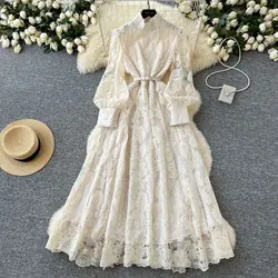 Luxury Formal Evening Dress Women Summer Autumn Crochet Lace Embroidered Long Sleeve Maxi Party Dresses Wedding Robe