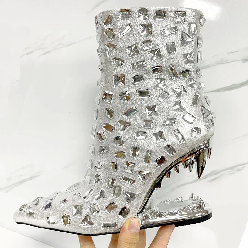 

Silver Crystal Tiger Teeth Heel Short Boots Fashion Show Sexy wedge heels Pure Handmade Rhinestone Autumn Winter Women Shoes