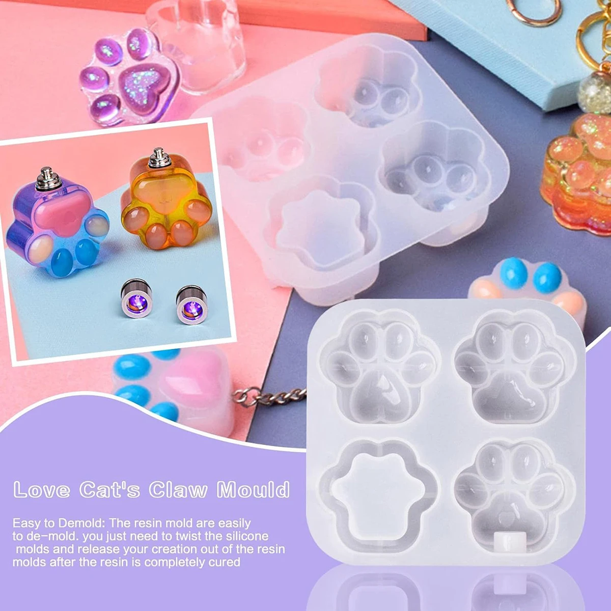 Quicksand Lantern Cat Claw Keychain Silicone Mold DIY Four Love Cat Claw Lamp Hanging Crystal Epoxy Resin Mold Jewelry Handmade