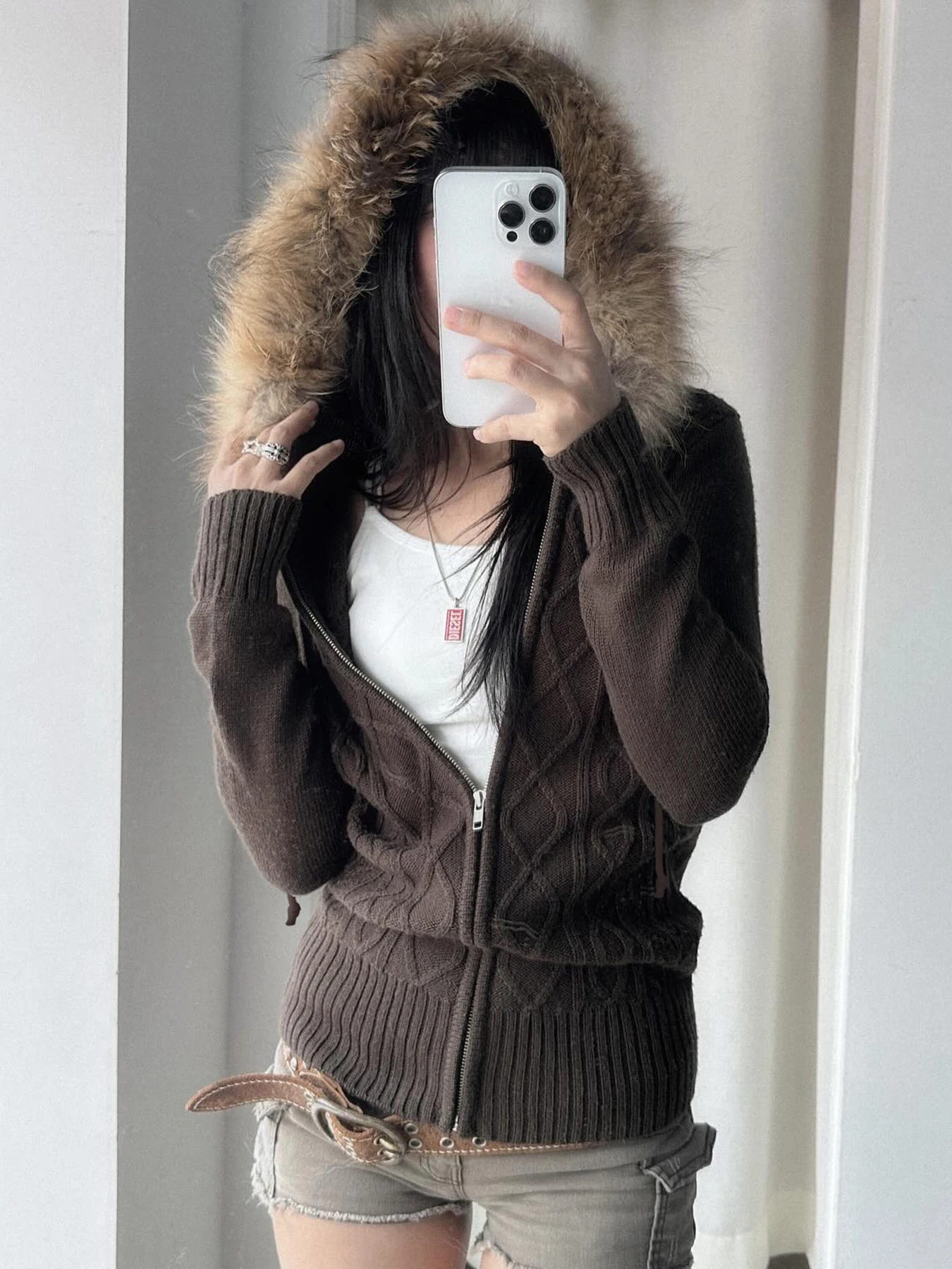 Cuteandpsycho Zip Up Solid Hoodie Coat Chic Y2K Vintage Women's Jackets Kintted Cardigan Twist Grain Streetwear Fur Neck Clothes