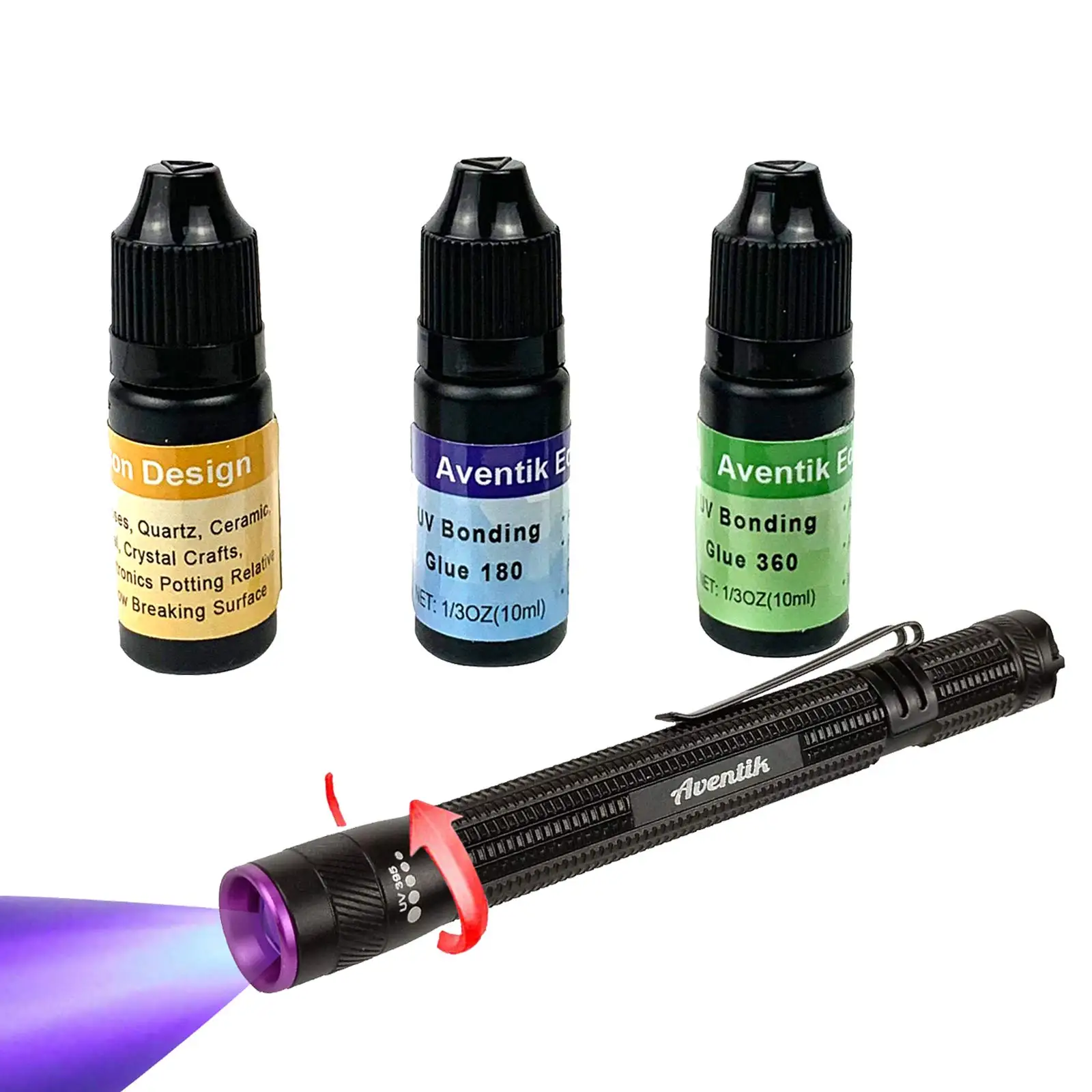 Aventik Three Best Selected Bonding UV Glues Combo Tool Kit with 395nm Zoom-able UV Pen Application in Bonding Plastic Welding