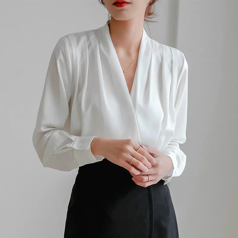 

CGC Casual Office Work Blouses Woman Simple Solid Long Sleeves Shirts Korean Fashion V Neck Blouses Female Spring Autumn Top