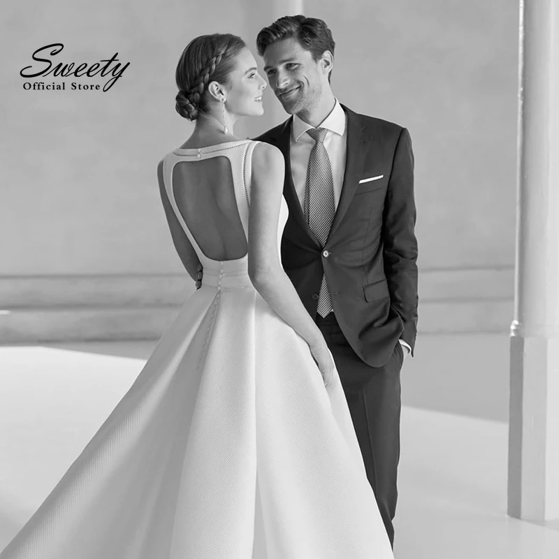 Gaun Pengantin Elegan Taffeta Sutra dengan Gaun Bola O-neck Tanpa Lengan Gaun Pengantin Formal Backless Vestido De Casamento Elegan