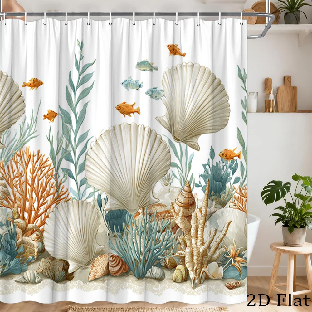 

Tropical Ocean Coral Seashell Shower Curtain Waterproof Bathroom Decor Aesthetic Nautical Marine Jungle Print 180x180cm