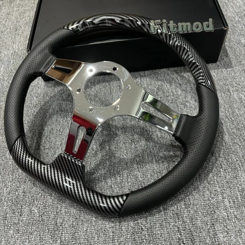 JDM 14-inch 350MM classic D-shaped deep carbon fiber wrap wheel, chrome-plated spokes universal retro sports racing steering whe