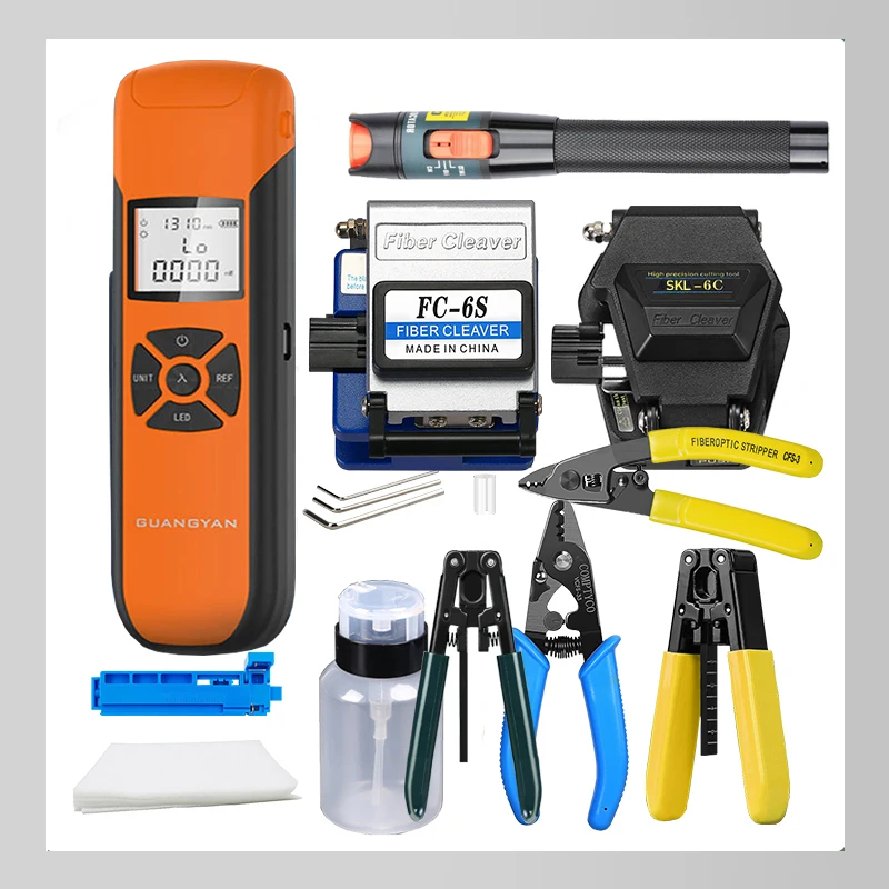 FTTH Fiber Optic Tool Kit with Fiber Cleaver SKL-6C/FC-6S G10 Optical Power Meter 10MW Visual Fault Locator VFL Fiber strippers