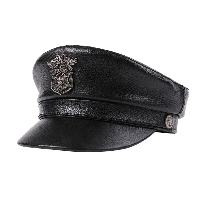 Cowhide Flat Top Motorcycle Hat Youth English Captain Hat Autumn Winter Peaked Cap Leather Black White Silver