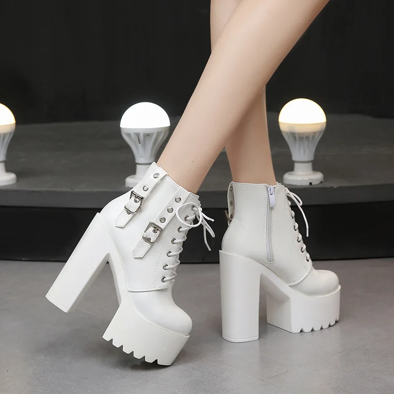 New Women Black White Ankle Boots 14cm Super High Heels Square Heels Boots Zip Rivet Insole Sexy Women Boots