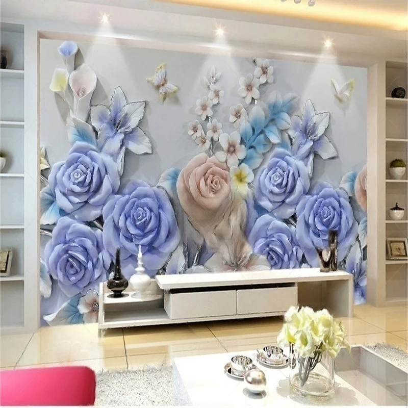 

MU8705 Rose relief TV background wall Nordic decorative painting resin flower mural wallpaper