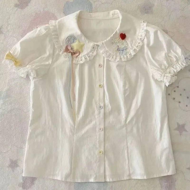 

NONSAR Japanese Style Colored Button Star Embroidered Short Sleeved Lolita Blouse Women Sweet Cute Bow Doll Collar JK Shirt Tops