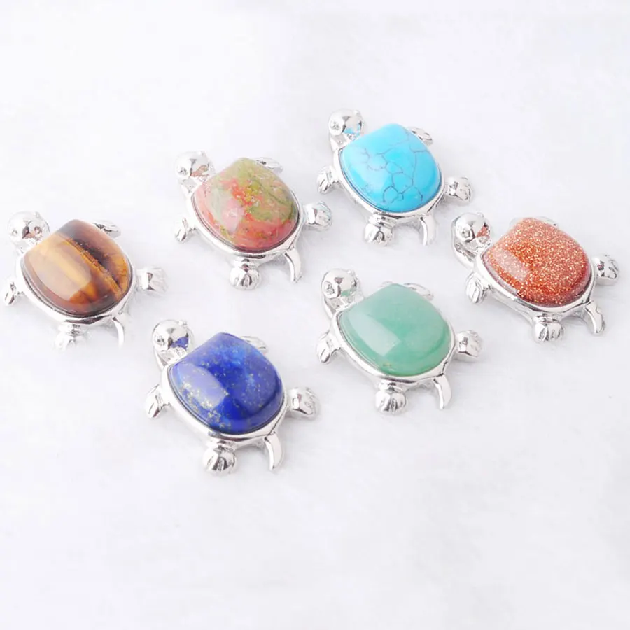 Natural Crystal Turtle Pendant Necklace Silver Mini Tortoise Charm Turquoise Healing Gemstone Lucky Longevity Jewelry Gift BE909