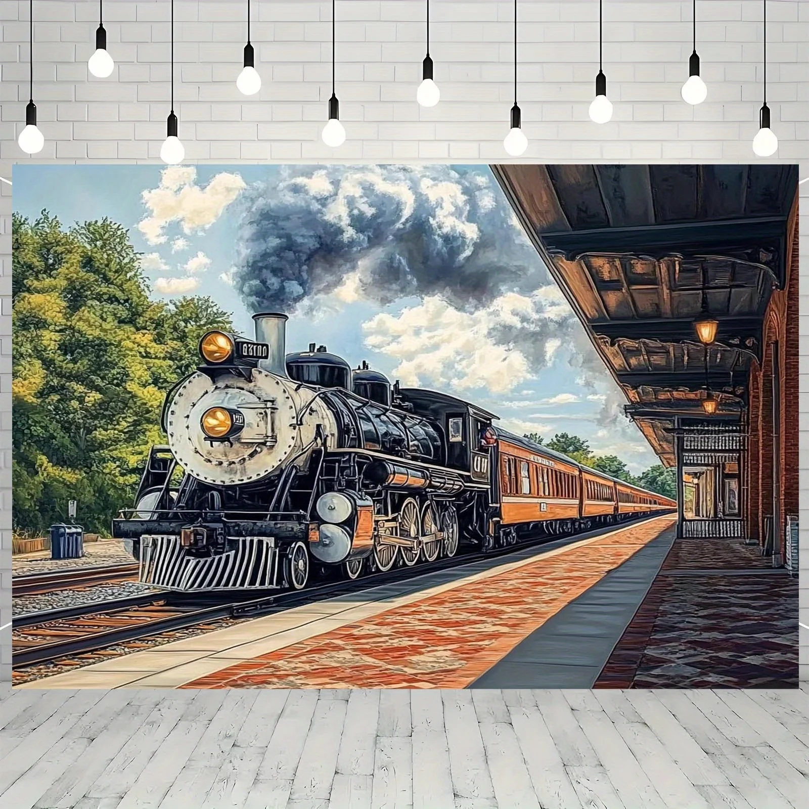 1-Vintage-Hintergrundbanner für Bahnhof – Hintergrund für Vintage-Lokomotive und Stationsszene, Fotografie, Zugdekoration