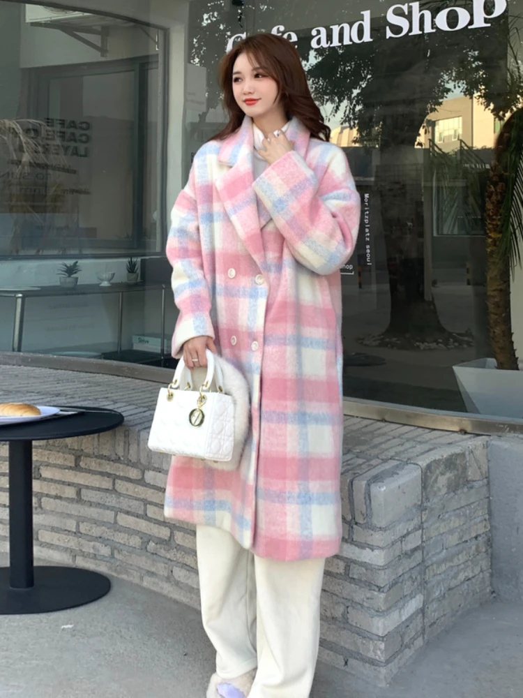 Plaid Rainbow Wool Coat Women Korean Fashion Loose Casual Long Trench Coat Female Elegant Warm Outwear Overcoat Winter 2022 New