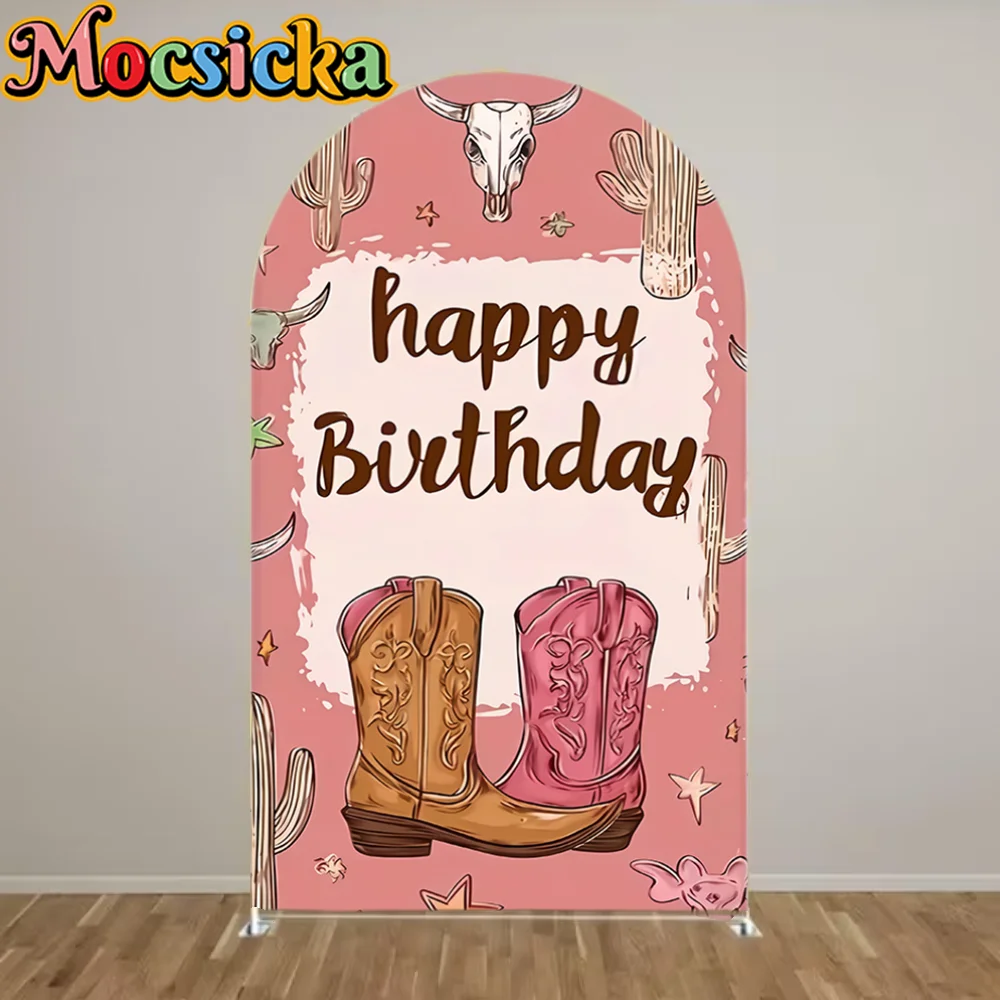 Cowgirl Pink Arch Backdrop Birthday Party Photo Background Kids Western Theme Decor Horse Shoe Boots Hat Pattern Celebration