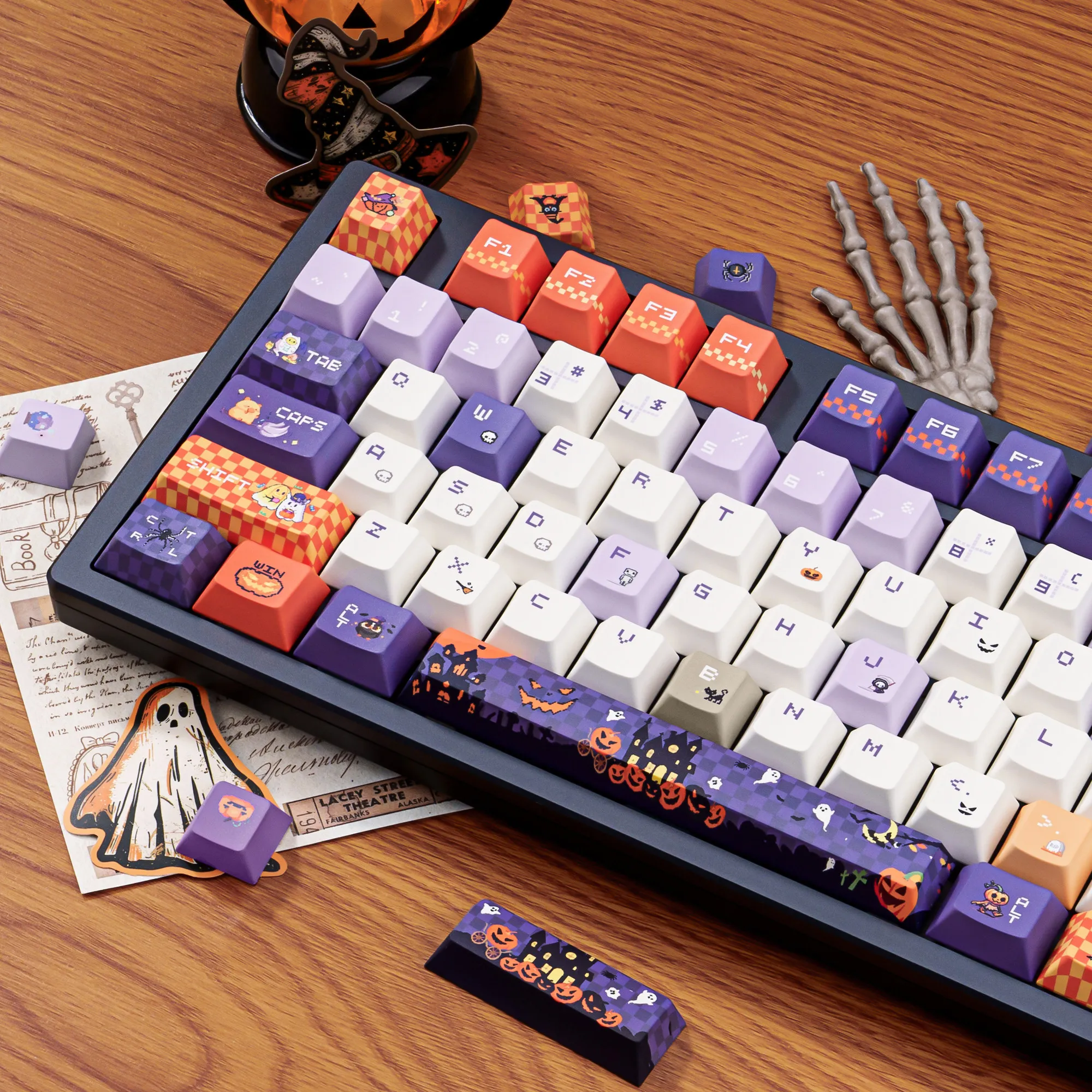 MAIMOOO Trick or Treat Halloween Keycap Cherry Profile PBT Thermal Sublimation Cute Pixel Style Keycaps for Mechanical Keyboard