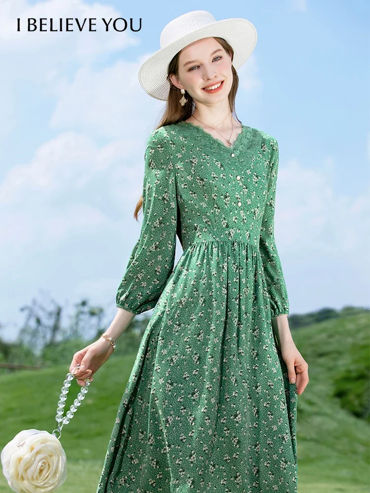 I BELIEVE YOU Floral Chiffon Women Dress 2023 Autumn French Lace V-neck Three Quarter Sleeves High Waist Vestidos 2223094761