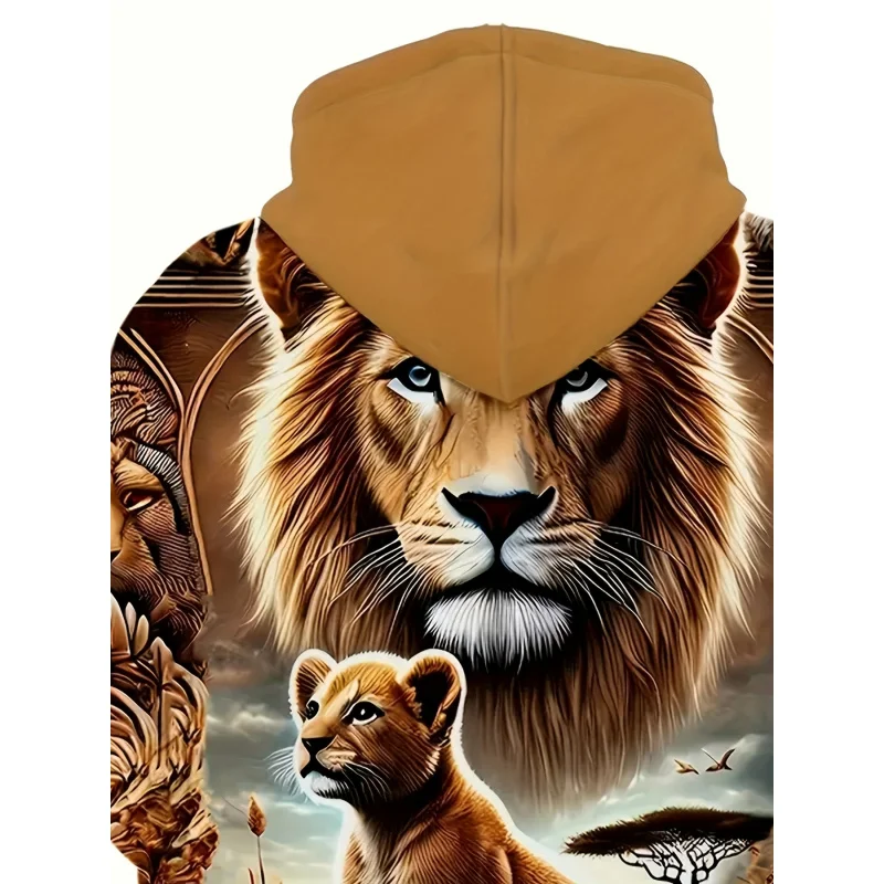 هوديي كاجوال بأكمام طويلة بنمط الأسد المقدس والأسد الصغير ثلاثي الأبعاد للرجال مع جيب برباط، معطف رياضي بنمط عصري، مقاس S #6