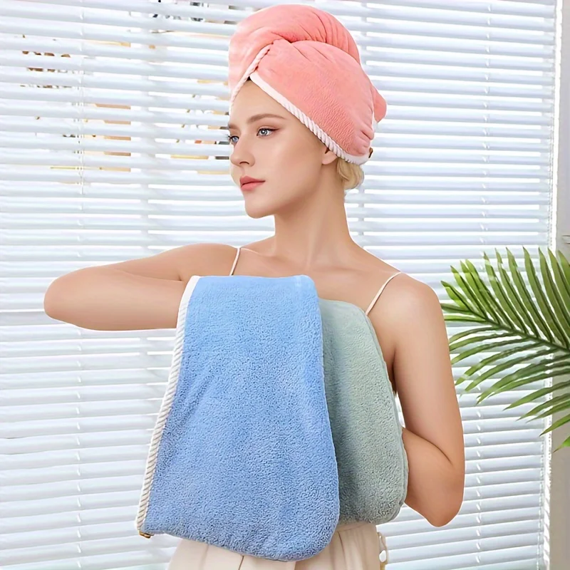 Double-layer thickened hair drying cap - super absorbent hair quick-drying towel soft shower cap bathing tool head care tool