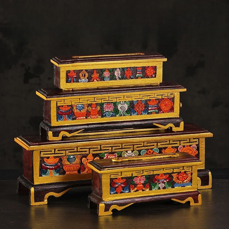 Nepal Long Incense Burner Hand Painted Wooden Tibetan Style for Home Buddhist Altar