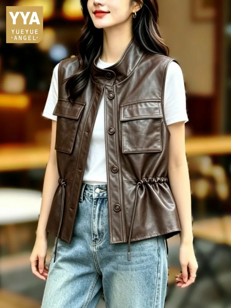 High Street Women Genuine Leather Vest Stand Collar High Waist Cargo Jacket Single Breasted Vintage Casual Sheepskin Waistcoat