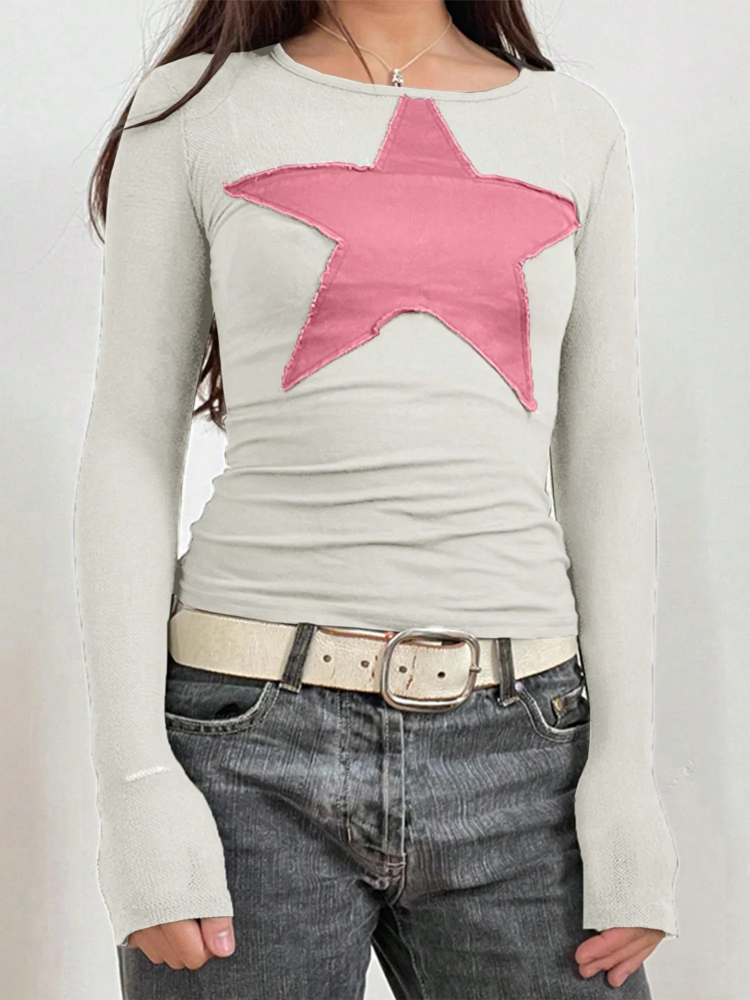Women's Slim Fit Star Patch Long Sleeve T-Shirt Round Neck Casual Streetwear Spring