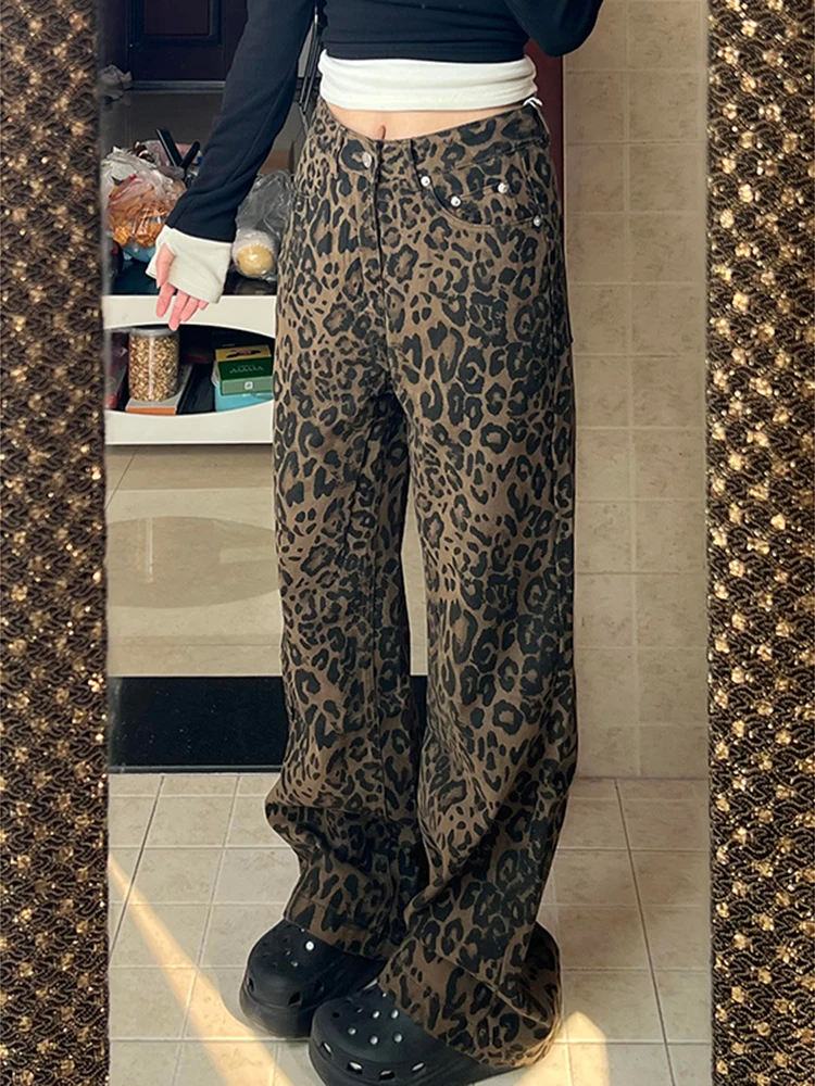 

Американские джинсы больших размеров с леопардовым принтом и высокой талией, женские весенние новые свободные брюки с широкими штанинами, повседневная одежда с эффектом похудения