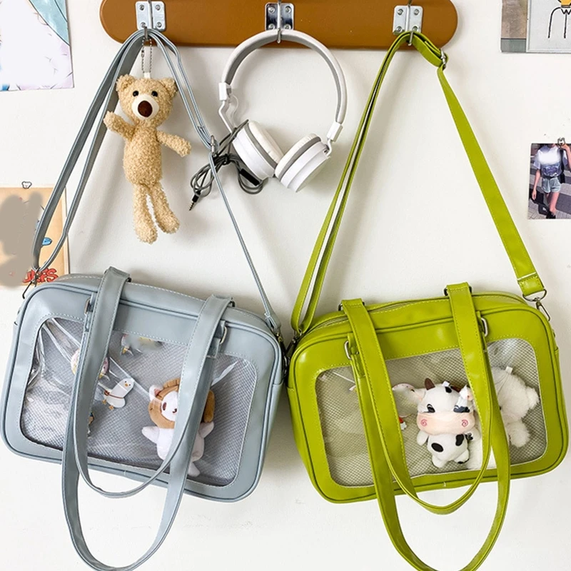 Casual College Students Handbag with Zipper Bag Transparent Shoulder Bag PU Crossbody Bag for Street Strolling