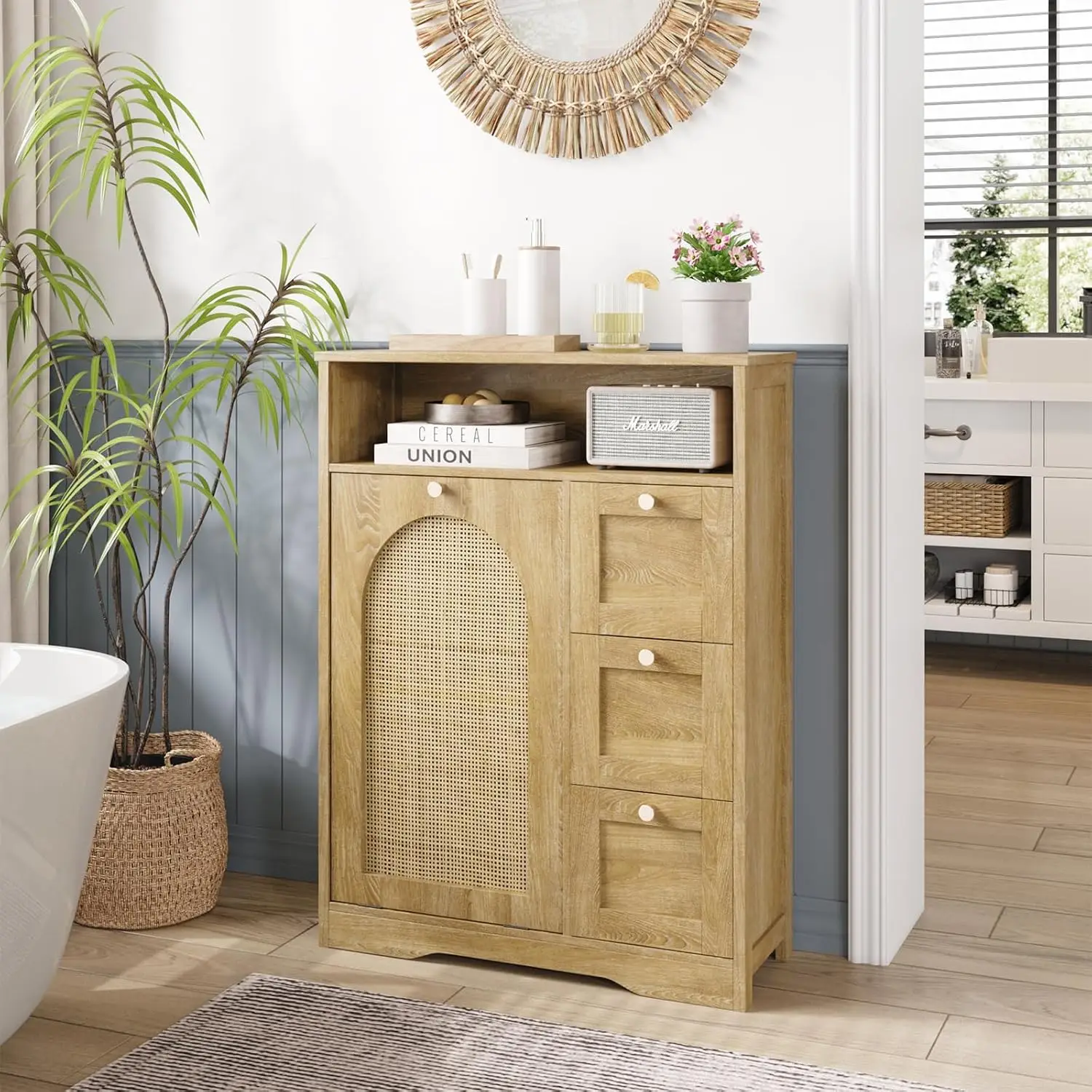 Tilt Out Trash Can Cabinet with 3 Drawers, Rattan Storage Cabinet for 10 Gallon Garbage Can for Laundry Hamper, Dog, Customized