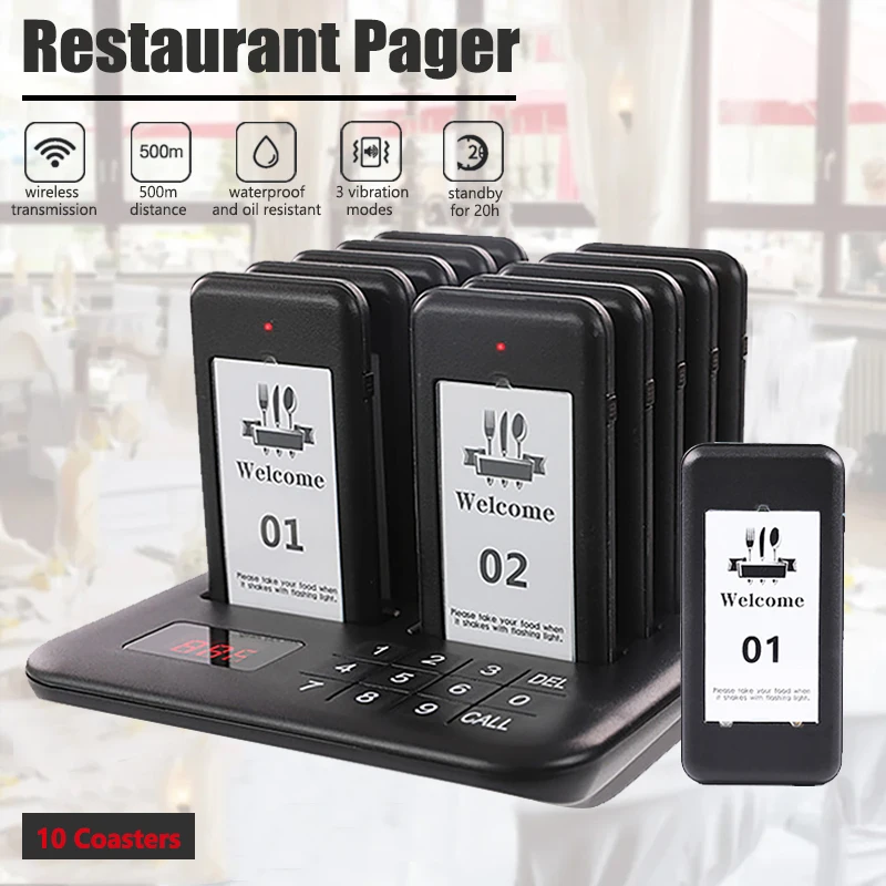 Wireless Restaurant Pager Calling System Coasters Buzzer Vibrator Bell Receivers For Food Truck Bar Cafe Church Nursery