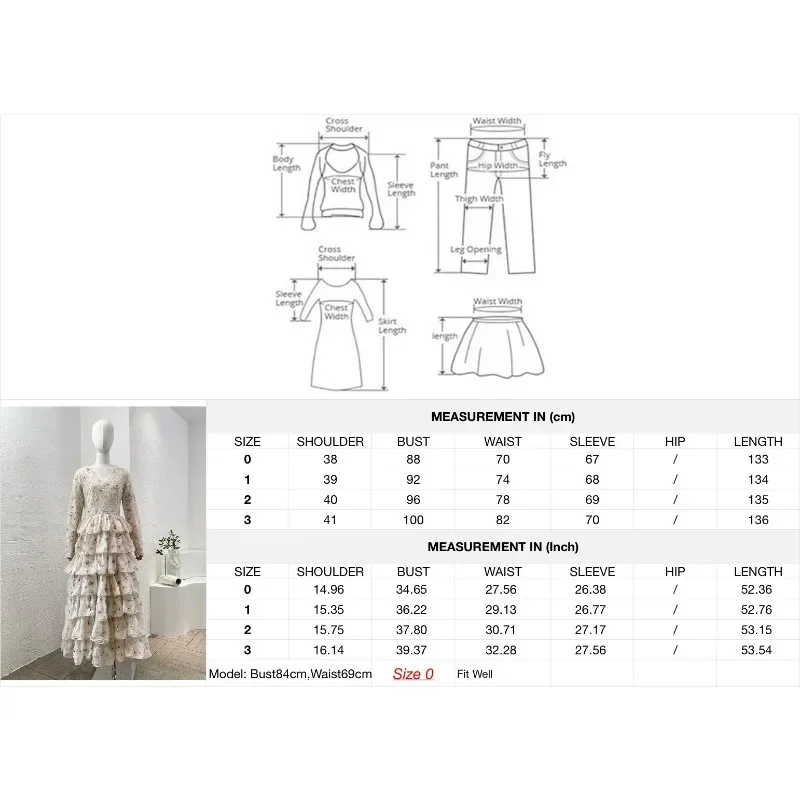 ベージュの花柄プリント長袖刺繍ディープVネックルーシュミディドレス