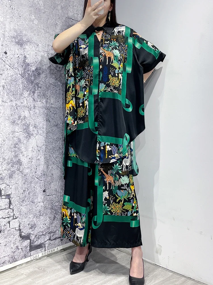 XITAO Print Fashion Two Piece Set Women Personality Appear Thin 2023 Summer New Arrival Turn-down Collar Two Piece Set WLD11384