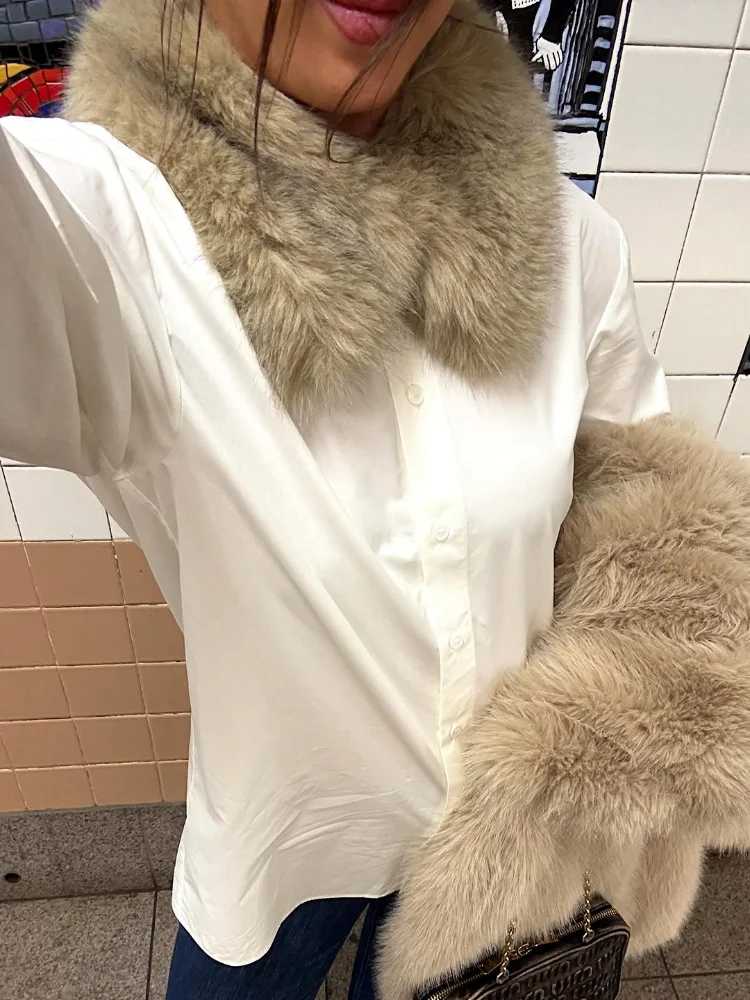 

Women's White Long Sleeve Shirt Tops with Detachable Faux Fur Collar Elegant Office Casual Loose Fit Blouse Spring New Outfit