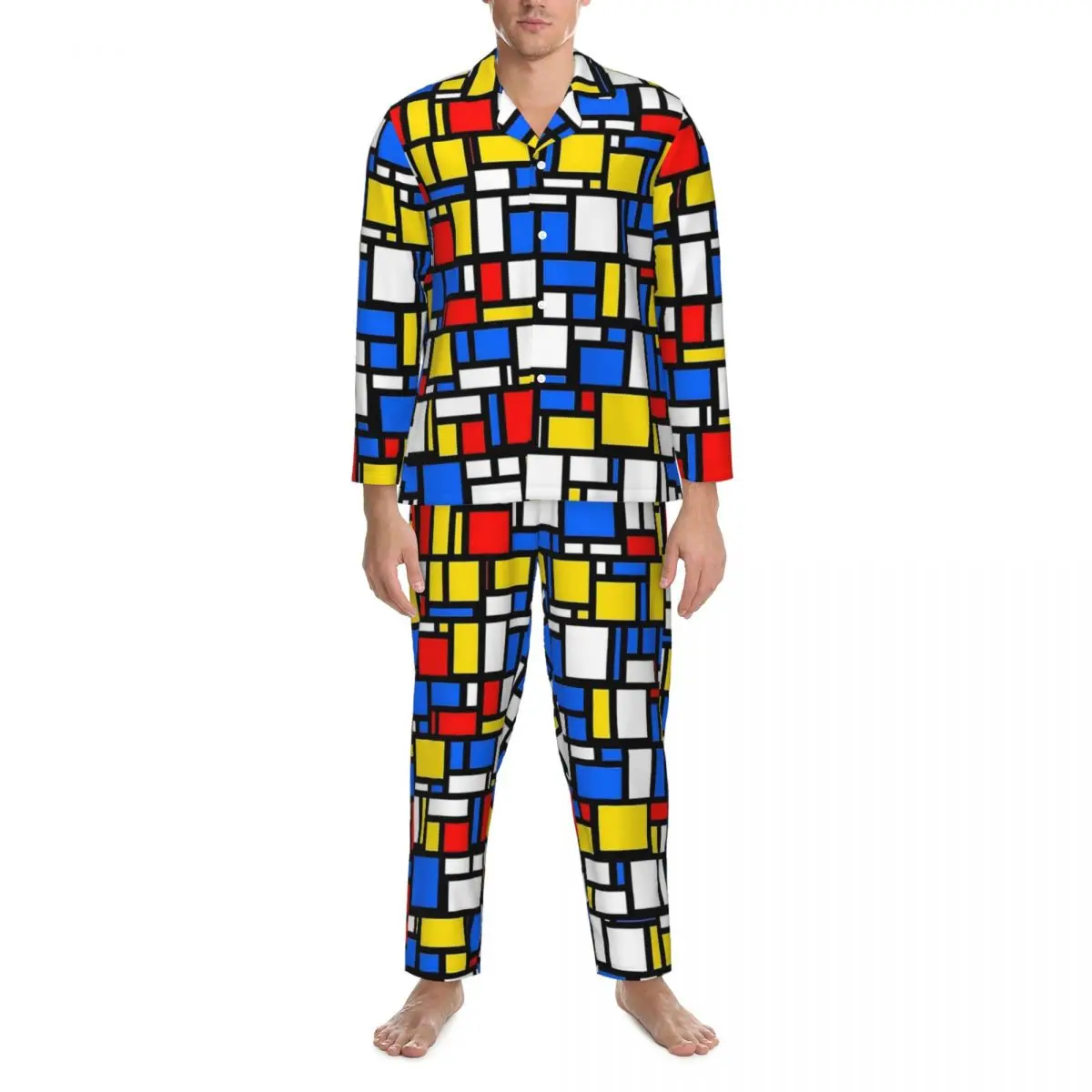 

Mondrian Style Pajamas Men Checkerboard Cute Soft Leisure Sleepwear Autumn 2 Piece Vintage Oversize Custom Pajamas Set