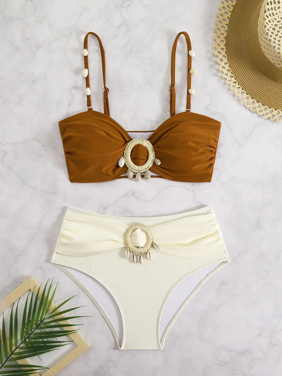 

Sexy High Waist Women Swimsuit Swimwear Bikini Sets Patchwork Bandeau Strappy Brazilian Beachwear Push Up Bathing Suit biquini