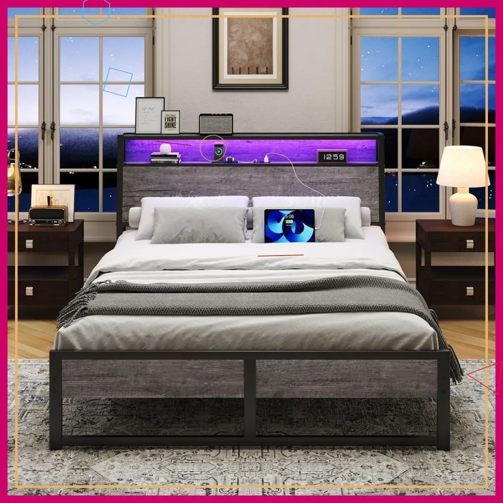 Full Size BED Frame with LED Lights, Storage Headboard & Charging Station,