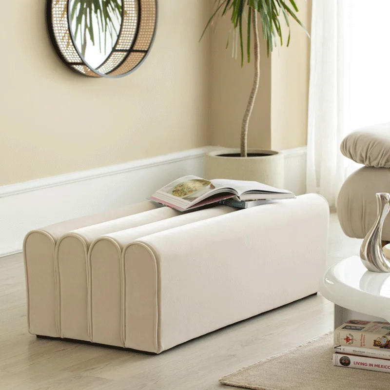 Shoe Change Stool for Living Room Fitting Room Bedroom Fashion Designer Sofa Foot Stool Frame Bed End Stool Flannel + Wood