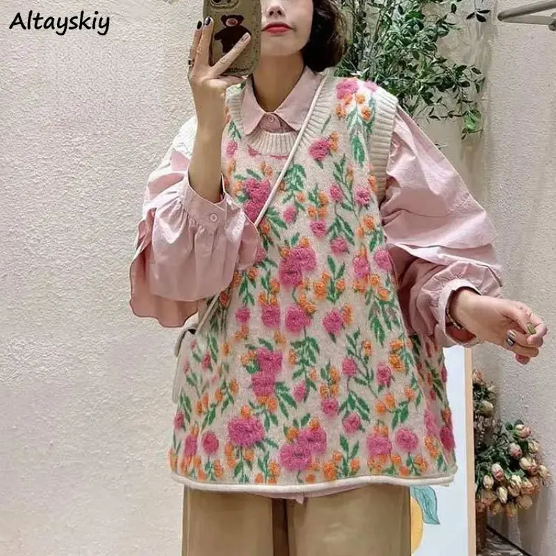 Baggy Floral Sweater Vests Women Harajuku Y2k Vintage Ulzzang All-match Cozy Knitted Aesthetic Literary Popular Korean Style New