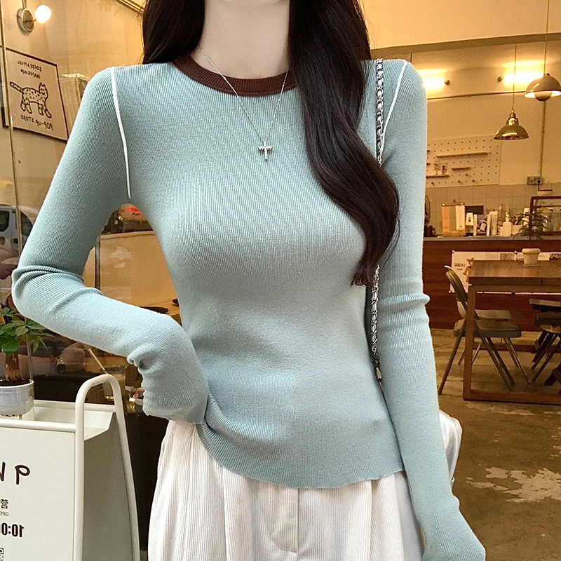 Autumn Winter New Women Sweater Korean Fashion Casual All Match Patchwork Slim Knitted Pullover Female O Neck Warm Jumpers