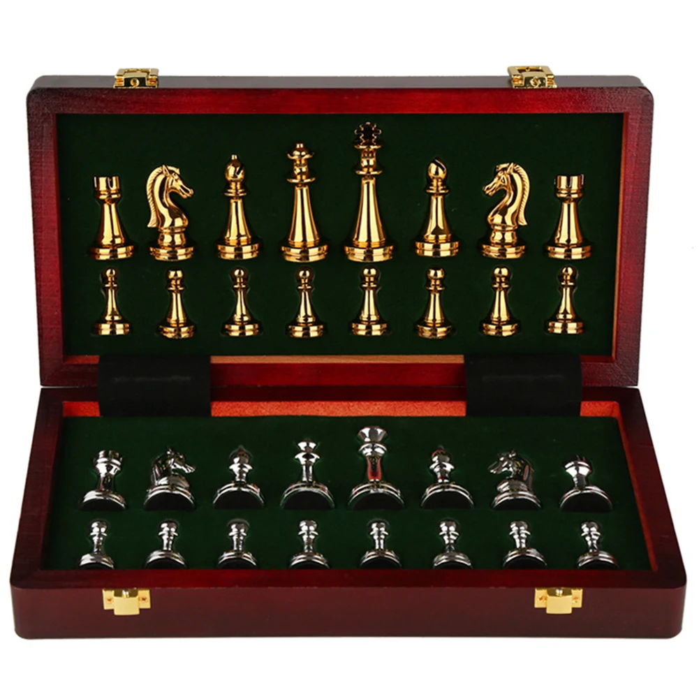 30CM Luxury Metal Chess Figures International Wooden Chessboard 32 Gold Silver Chess Pieces Magnetic Board Family Game Chess Set