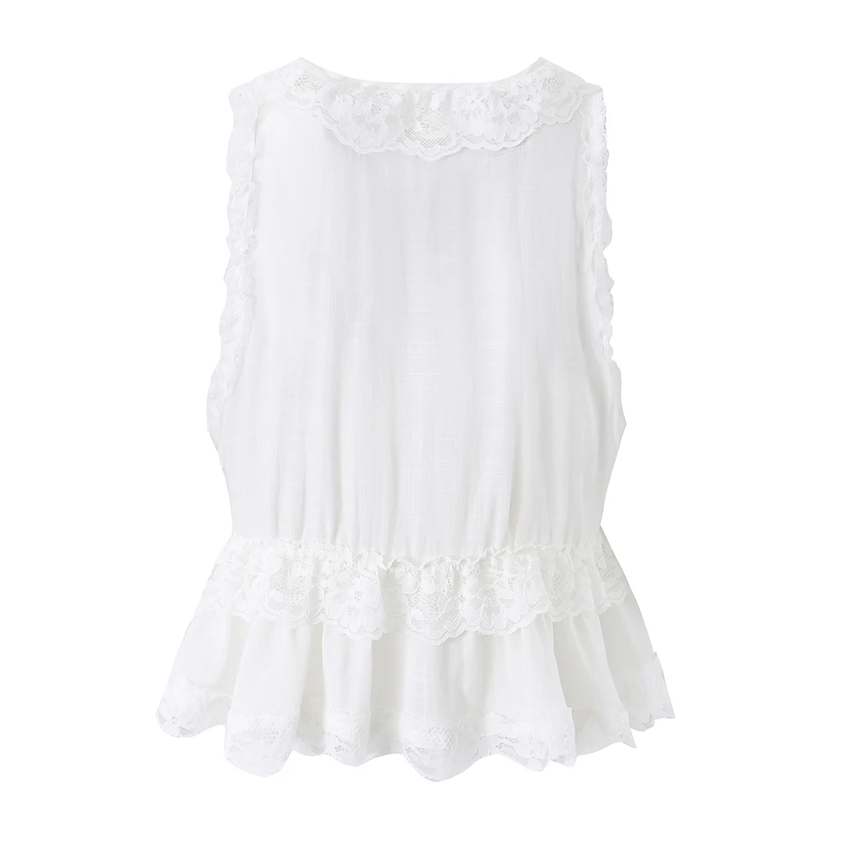 CHIC White Spliced Wood ears Lace V neck Ball Tassel Bow Lacing Up Front Tank Top Women Ruffles Hem Vest Sleeveless Tee Crop Top