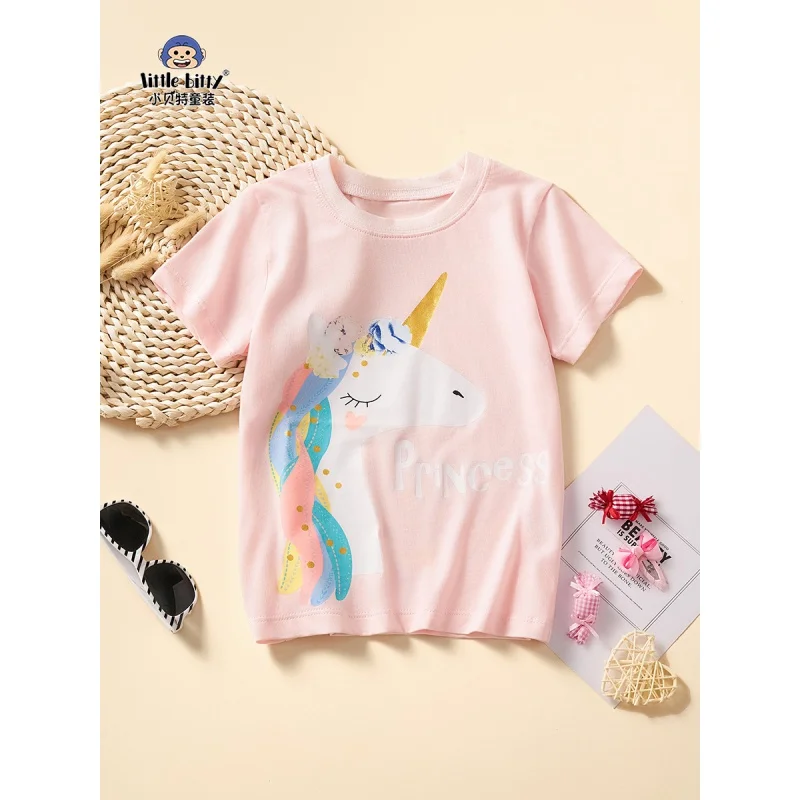 

Girls' Short Sleeve2024Summer New Light PinkTT-shirt Unicorn Comfortable Breathable Pure Cotton Half Sleeve Wholesale