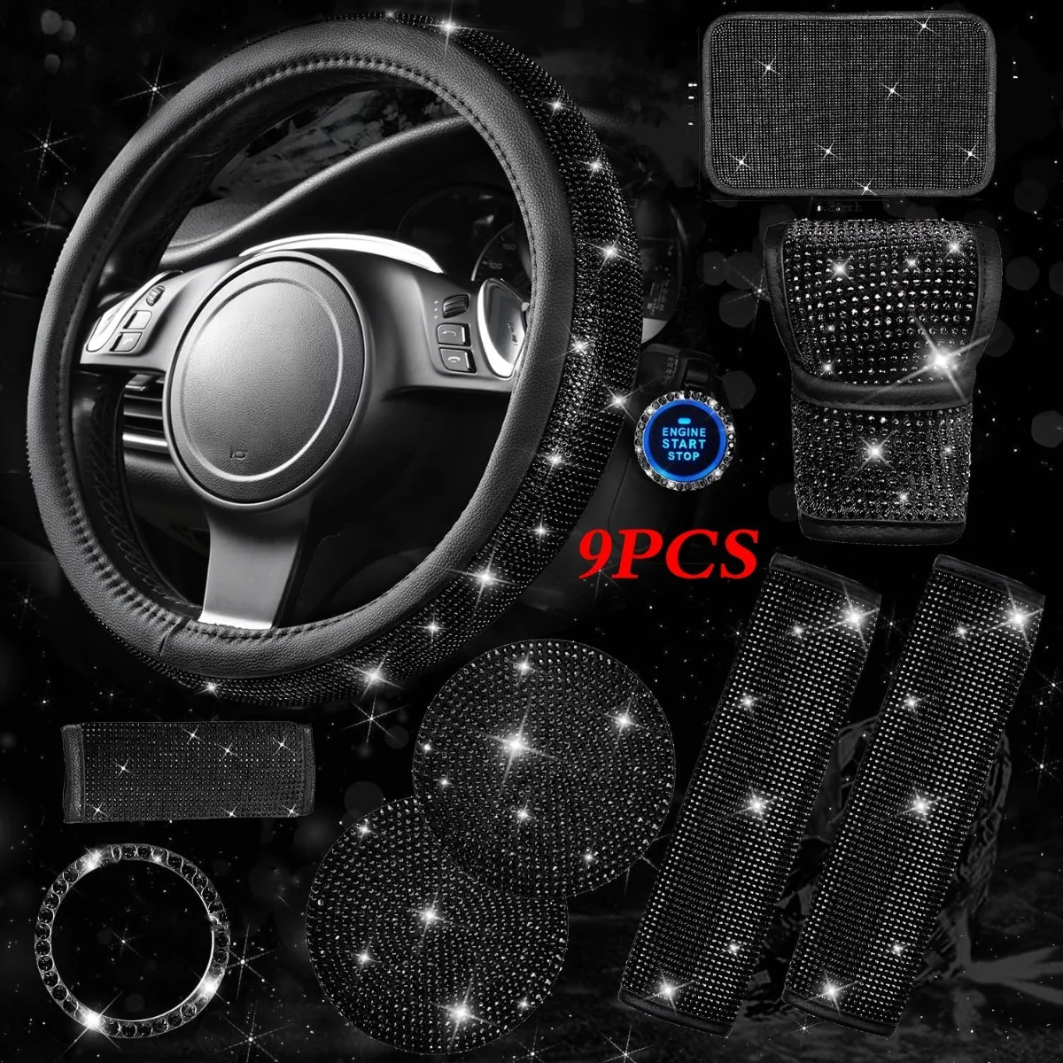 

Car interior decoration set, shiny crystal diamond steering wheel cover for car decoration, cute interior set (9 PCS)