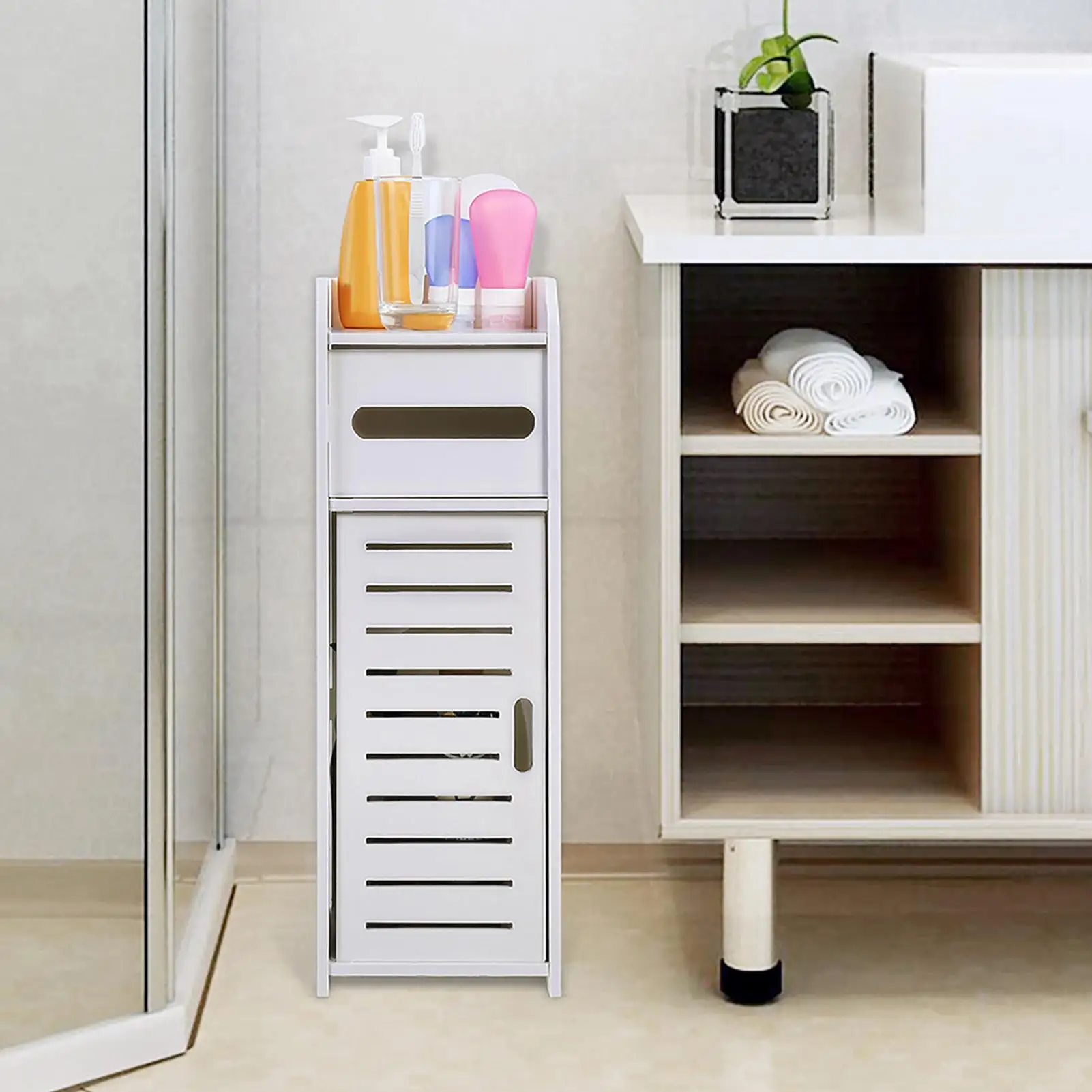 

White Wooden Bathroom Cabinet Toilet Storage Shelf Space Saver Organizer