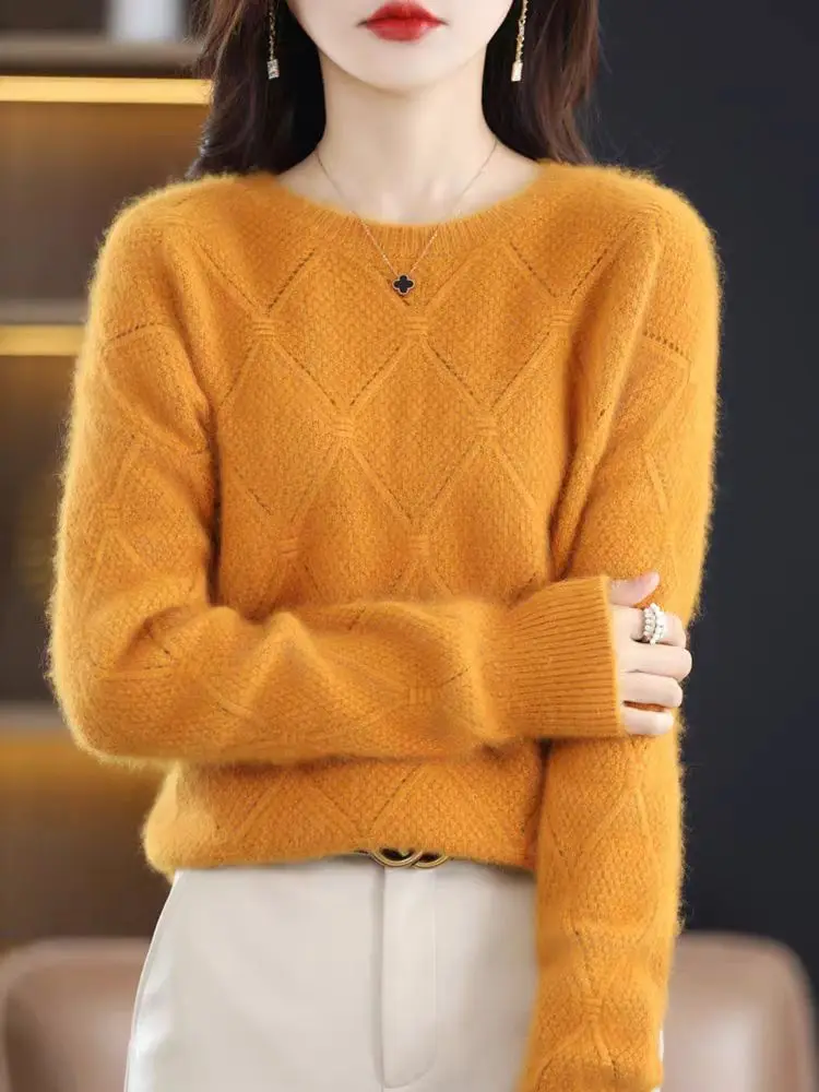 100% Mink cashmere sweater Women's knitting sweater O-neck long sleeve pullover Autumn and winter clothing warm top