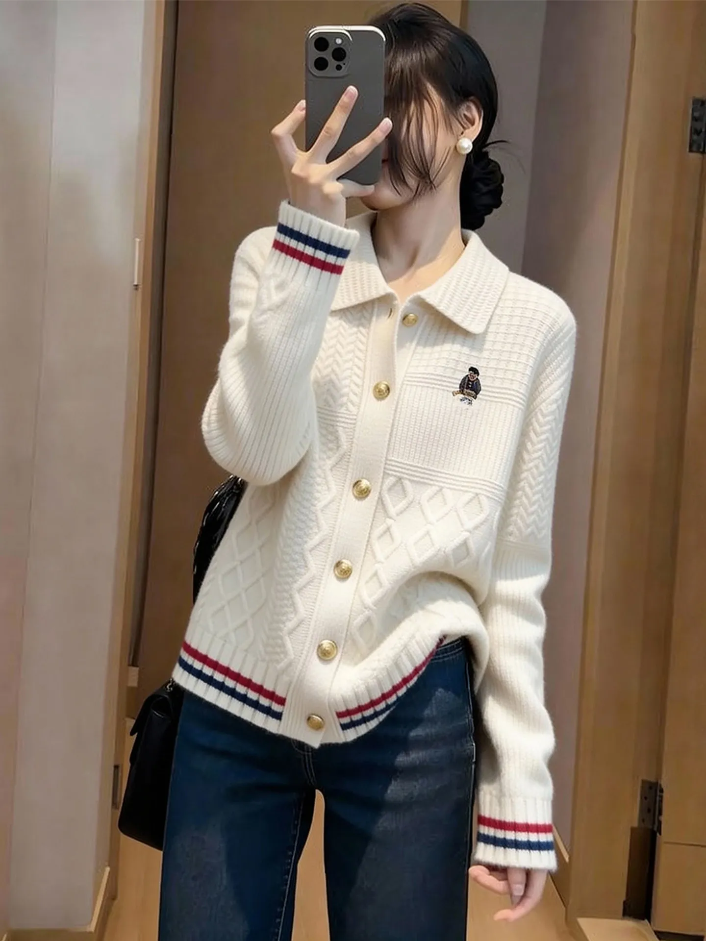 

Korean Sle Casual Knitted Open Cardigan Women's Collar Embroidered Sweater Spring New Loose Fit Commute Faion