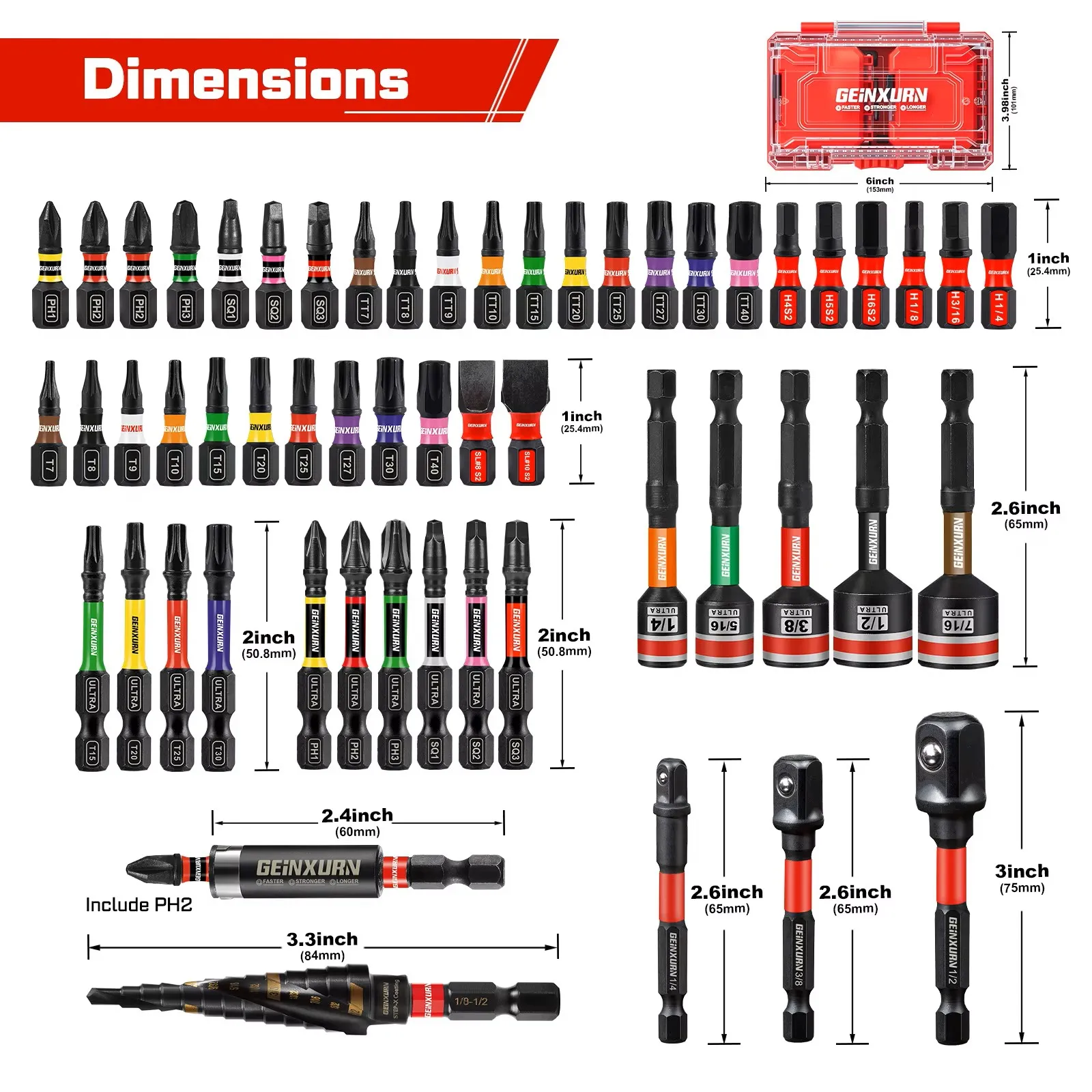 Geinxurn 113PCS Screwdriver Bits Set, Magnetic S2 Steel 1”/2'' PH/SQ/Torx/HEX/SL Impact Bit Holder and Nut Driver with Box Case