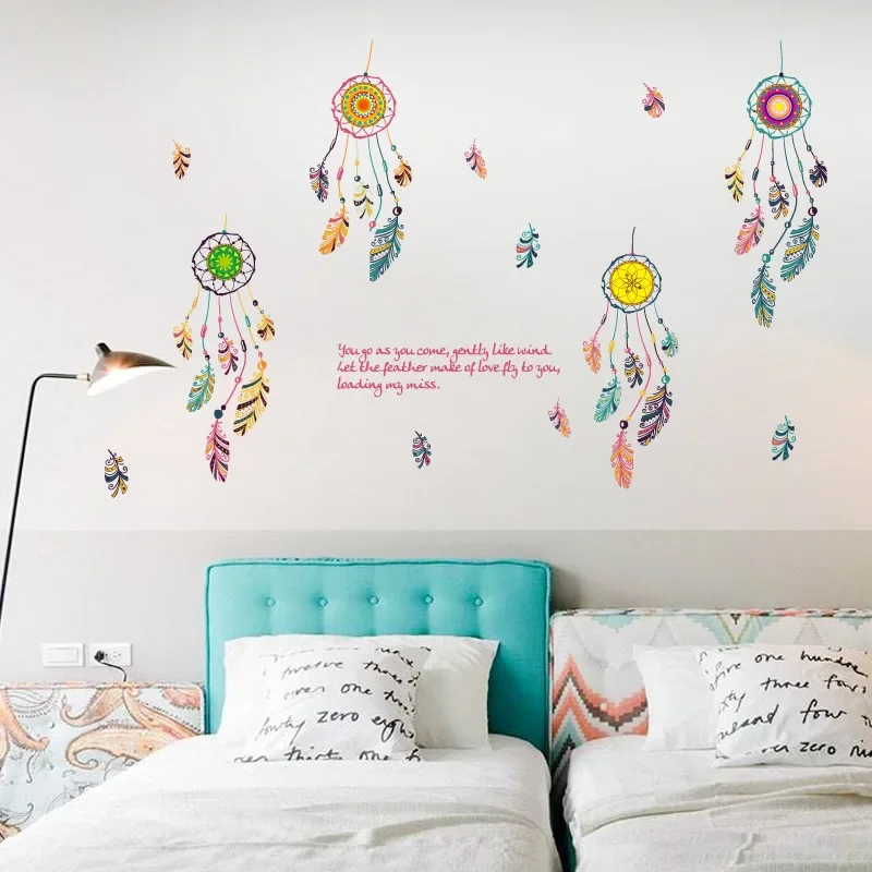 Beautiful Feathers Dream Catcher Wall Sticker for Girls Room Shop Office Home Decoration Kids Bedroom Mural Art Diy Wall Decal