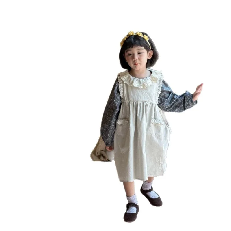 Girls' Korean Style Clothing 2026 Autumn New Item Girls' Lace Collar Floral Shirt and Sleeveless Vest Dress 4