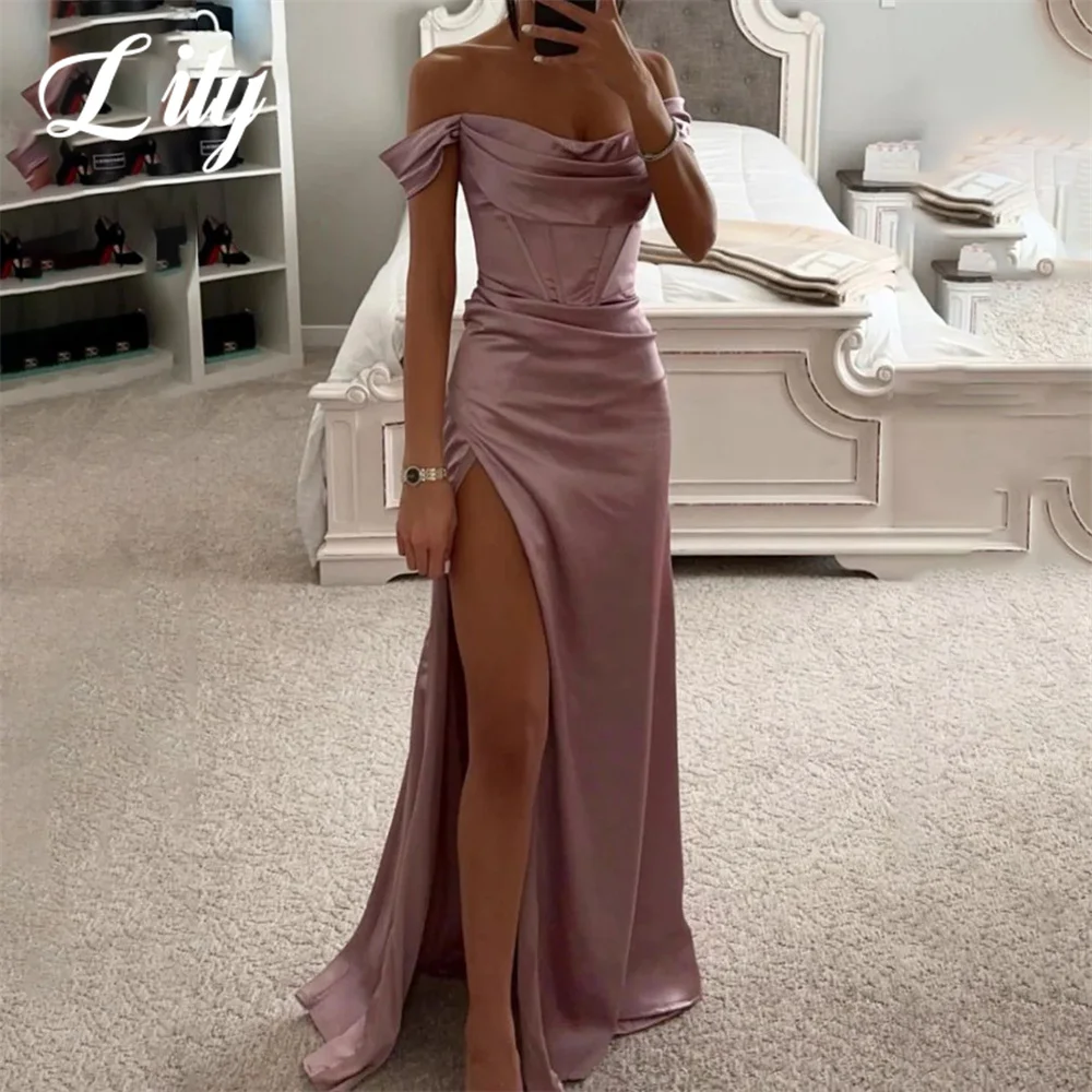 

Lily Elegant Pink Party Dress Stain Sweetheart Prom Dress Off The Shoulder Pleat Special Occasion Dress with Split فساتين سهرة